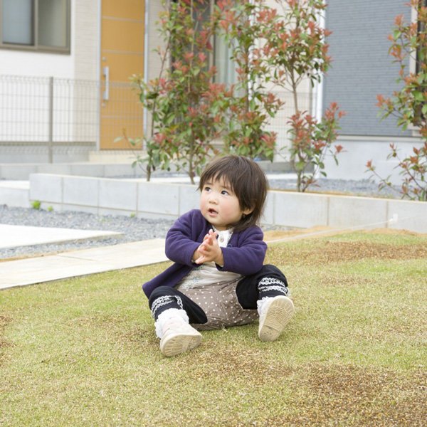 ご主人が休日を使って見事に敷き詰めた芝生でお嬢様もリラックス。この開放感はなかなか得難いです。