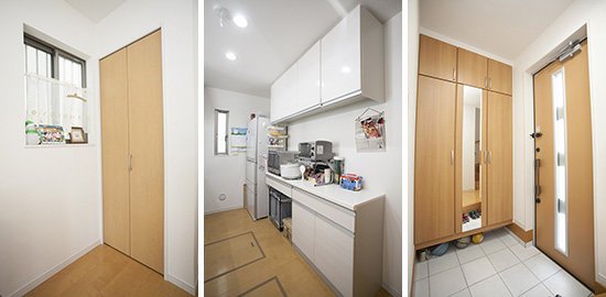 左)リビング収納、中)キッチンには吊戸棚と床下収納が2つ、右)鏡付きの大型玄関収納...充実の収納力でお部屋がスッキリとした印象に！