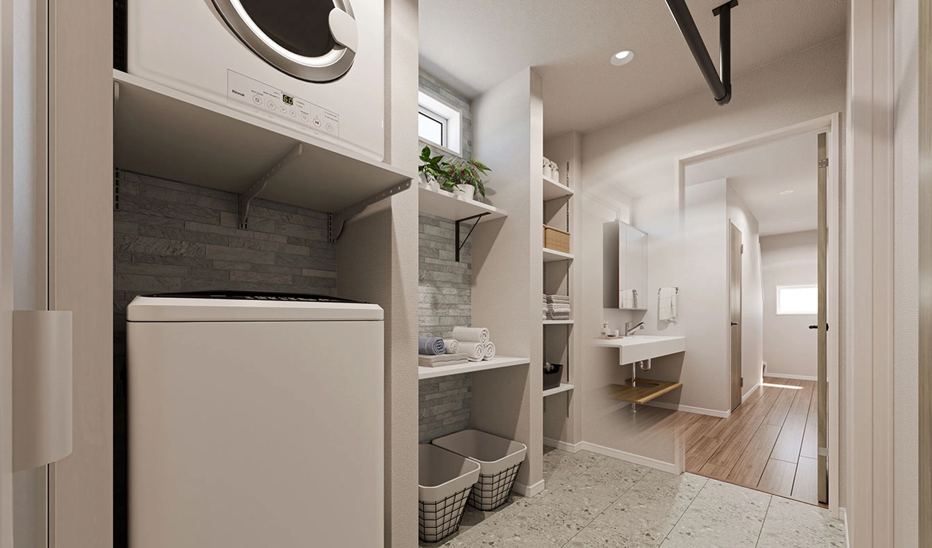 毎日の洗濯を軽くする 広々とした脱衣室