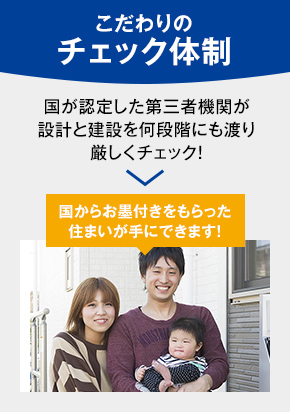 こだわりのチェック体制 国が認定した第三者機関が設計と建設を何段階にも渡り厳しくチェック！ 国からお墨付きをもらった住まいが手にできます！