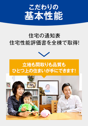 こだわりの基本性能 住宅の通知表住宅性能評価書を全棟で取得！ 立地も間取りも品質もひとつ上の住まいが手にできます！
