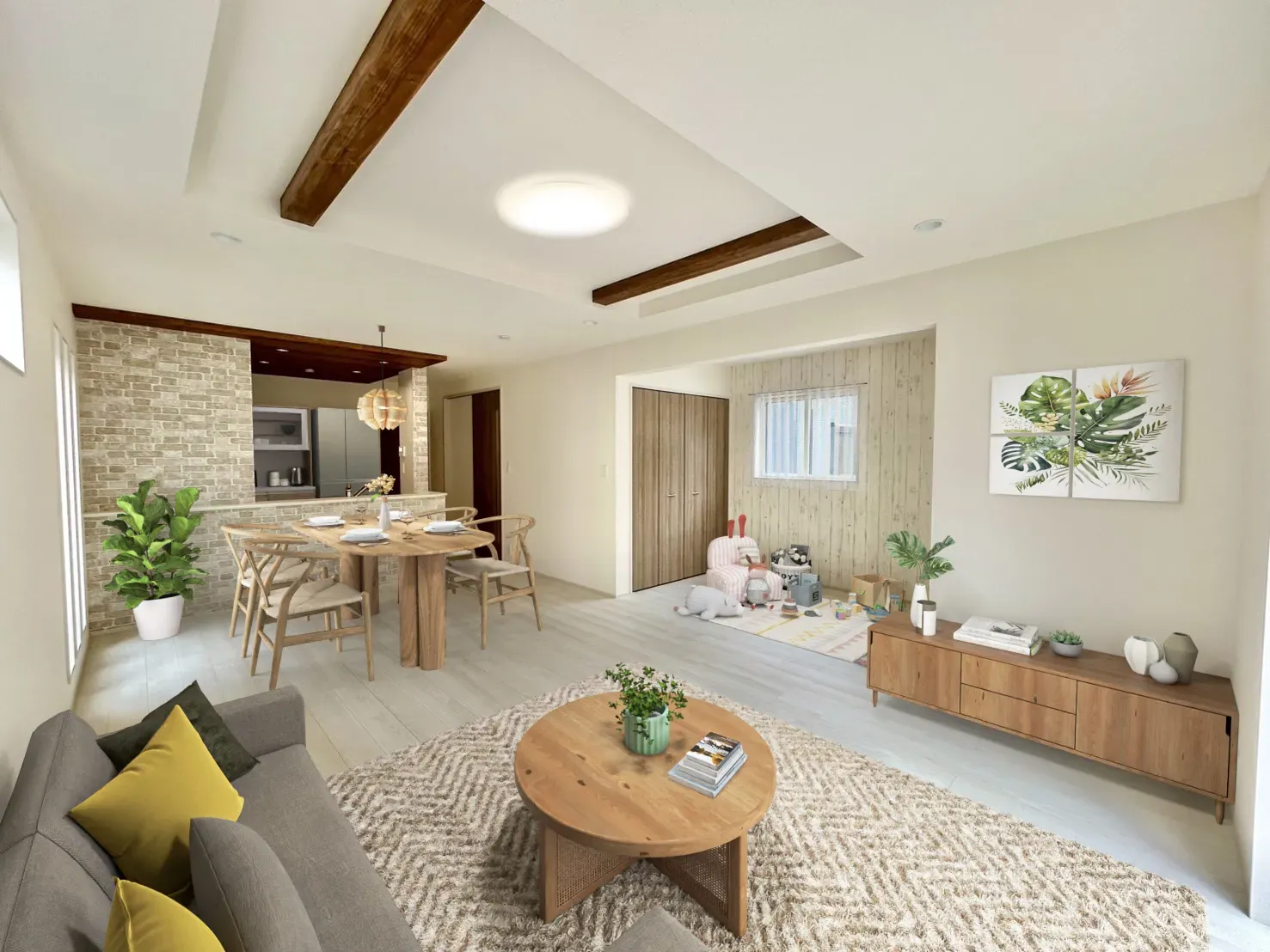 【①号棟イメージ】実際の室内写真に家具等を配置したCG画像です。家具付き販売ではございません。