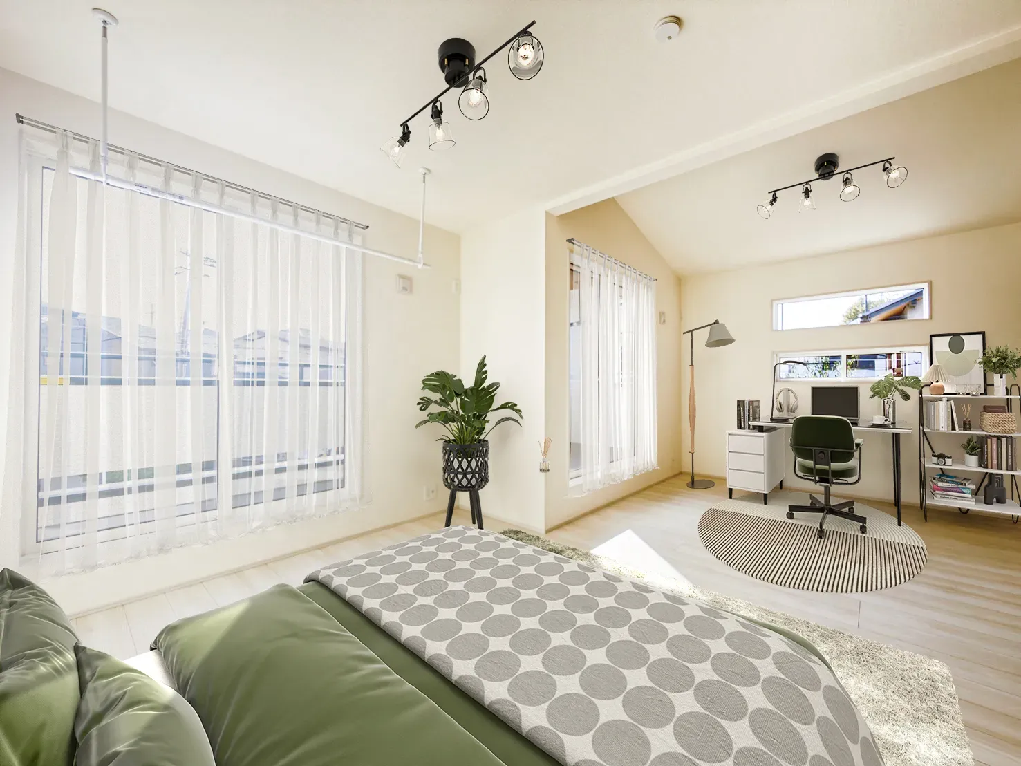 【①号棟洋室イメージ】実際の室内写真に家具等を配置したCG画像です。家具付き販売ではございません。