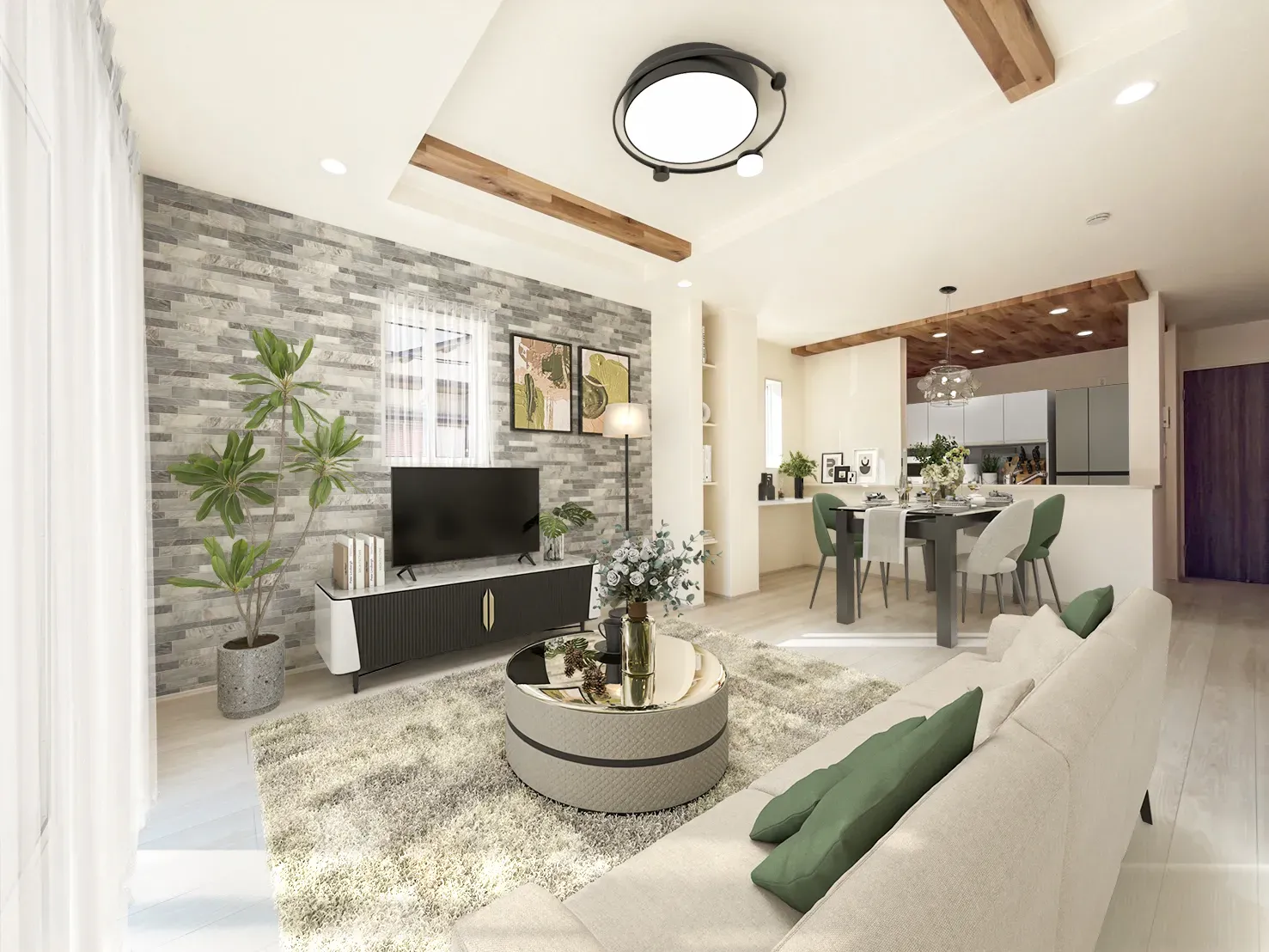 【①号棟リビングイメージ】実際の室内写真に家具等を配置したCG画像です。家具付き販売ではございません。