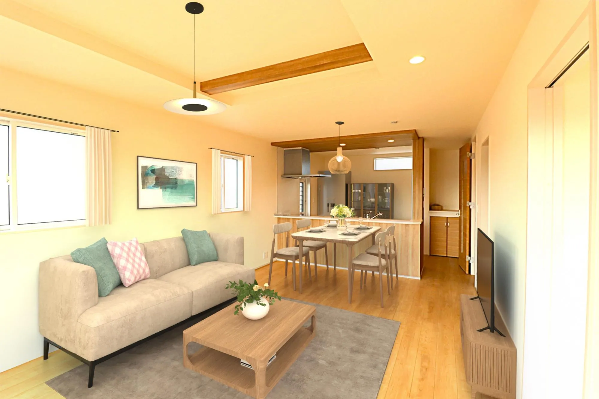 こちらは完成後の住まいをイメージしやすくするために制作されたCG画像です。
※家具付き販売ではございません。