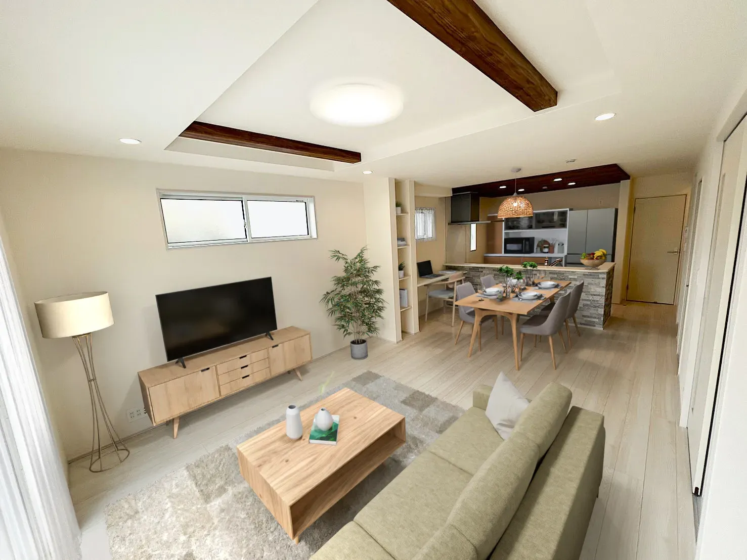 【①号棟LDKイメージ】実際の室内写真に家具等を配置したCG画像です。家具付き販売ではございません。