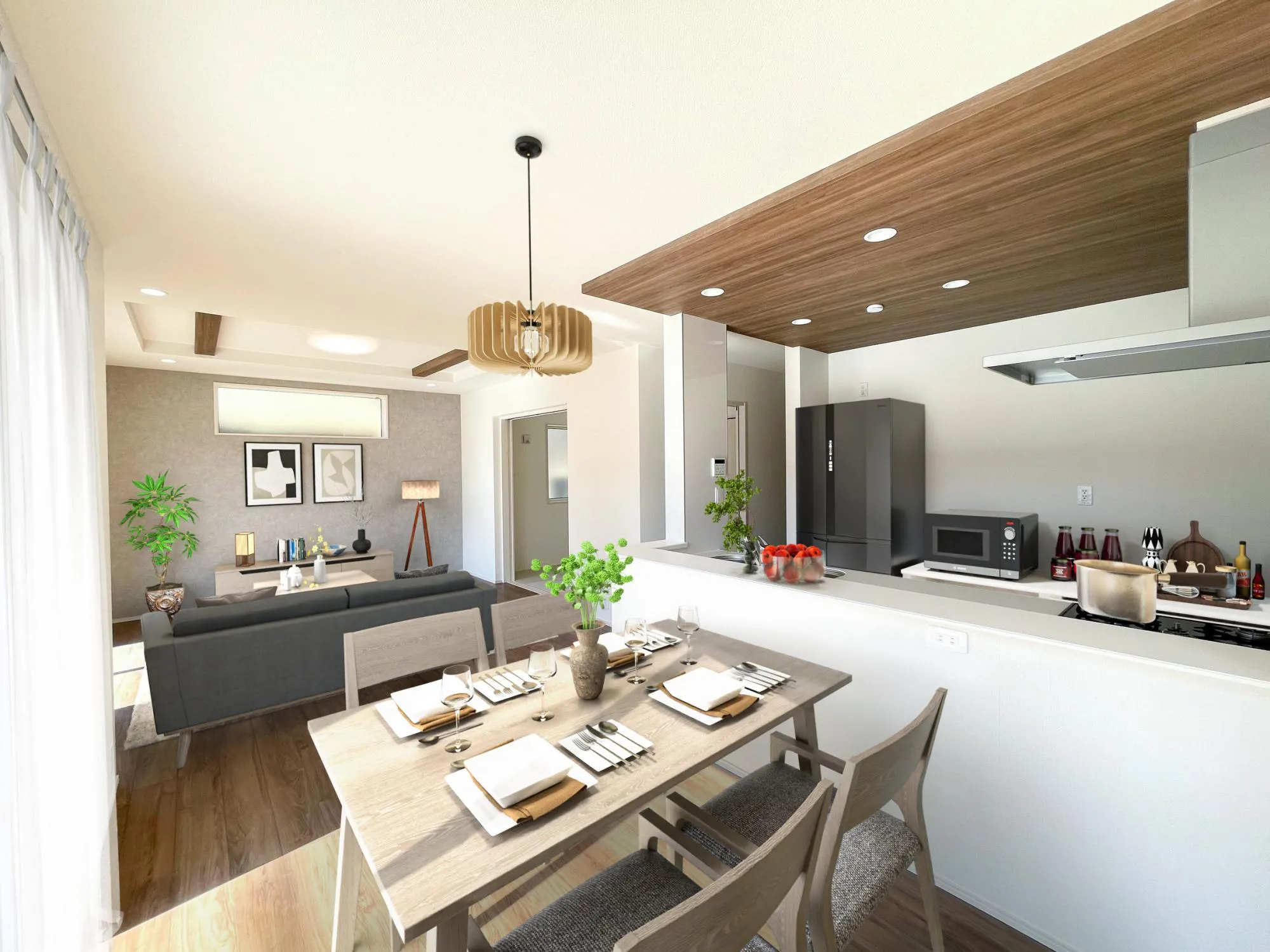 明るくアクセントクロスがかわいいリビング(※家具等をCGで加工しています。家具付き販売ではございません。) 