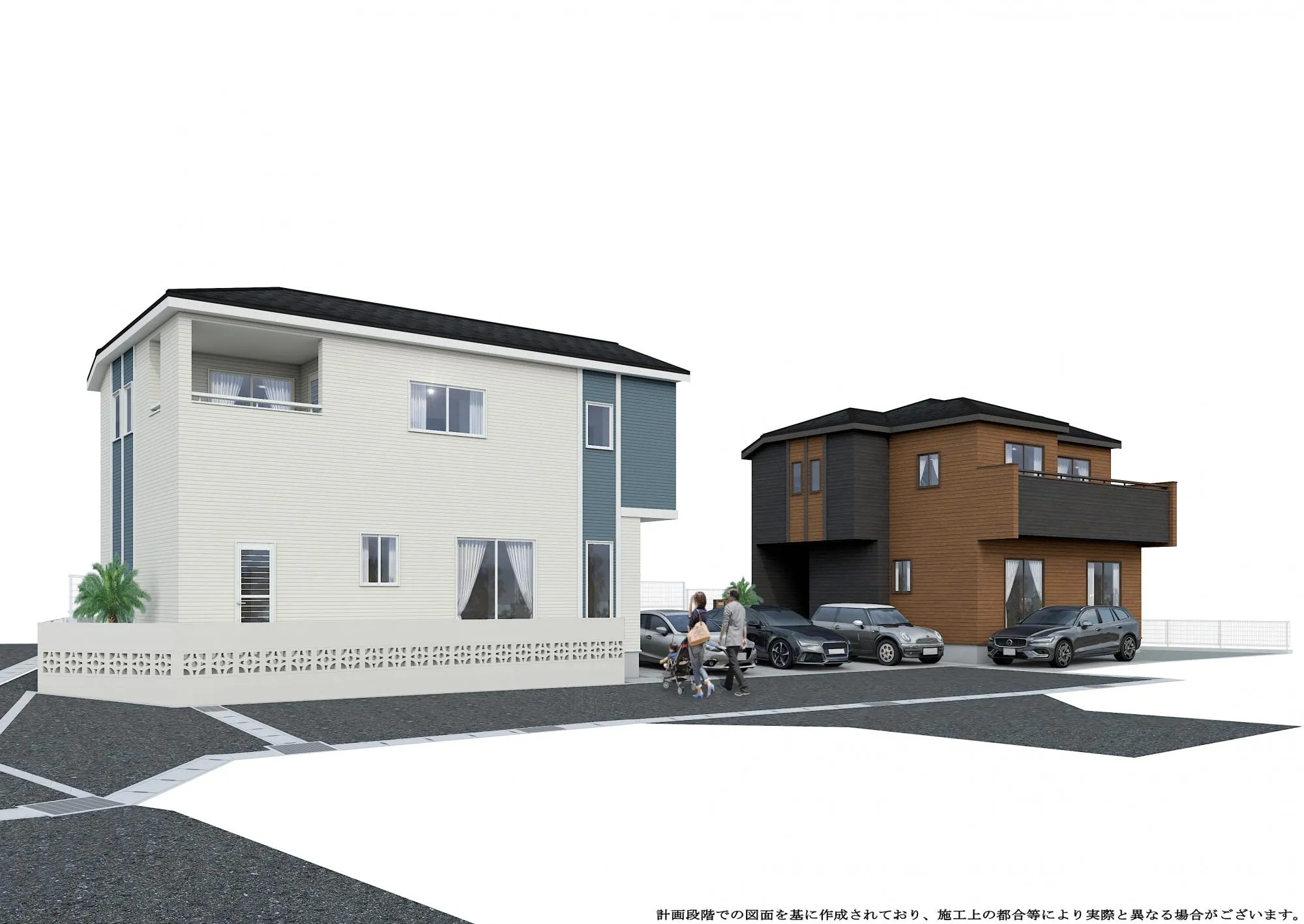 完成予想図:1号棟(白)、2号棟(茶色)