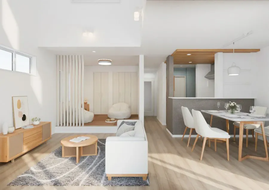 1号棟キッチンを望むリビングダイニング