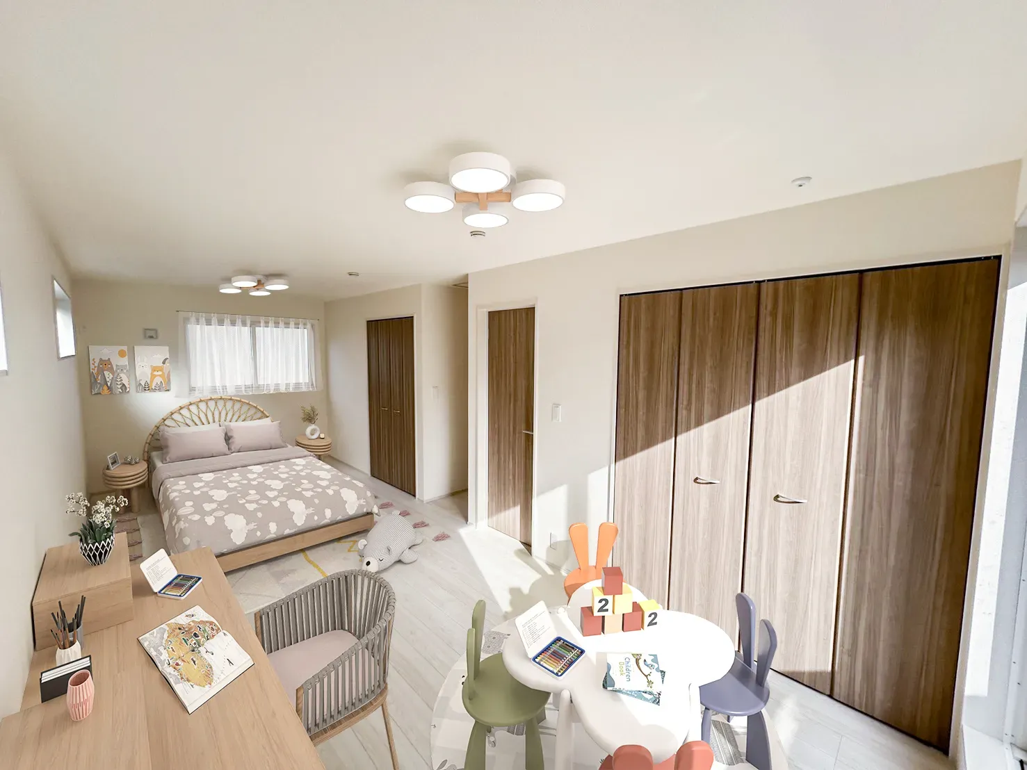 【洋室5.25帖+6.0帖イメージ】実際の室内写真に家具等を配置したCG画像です。家具付き販売ではございません。