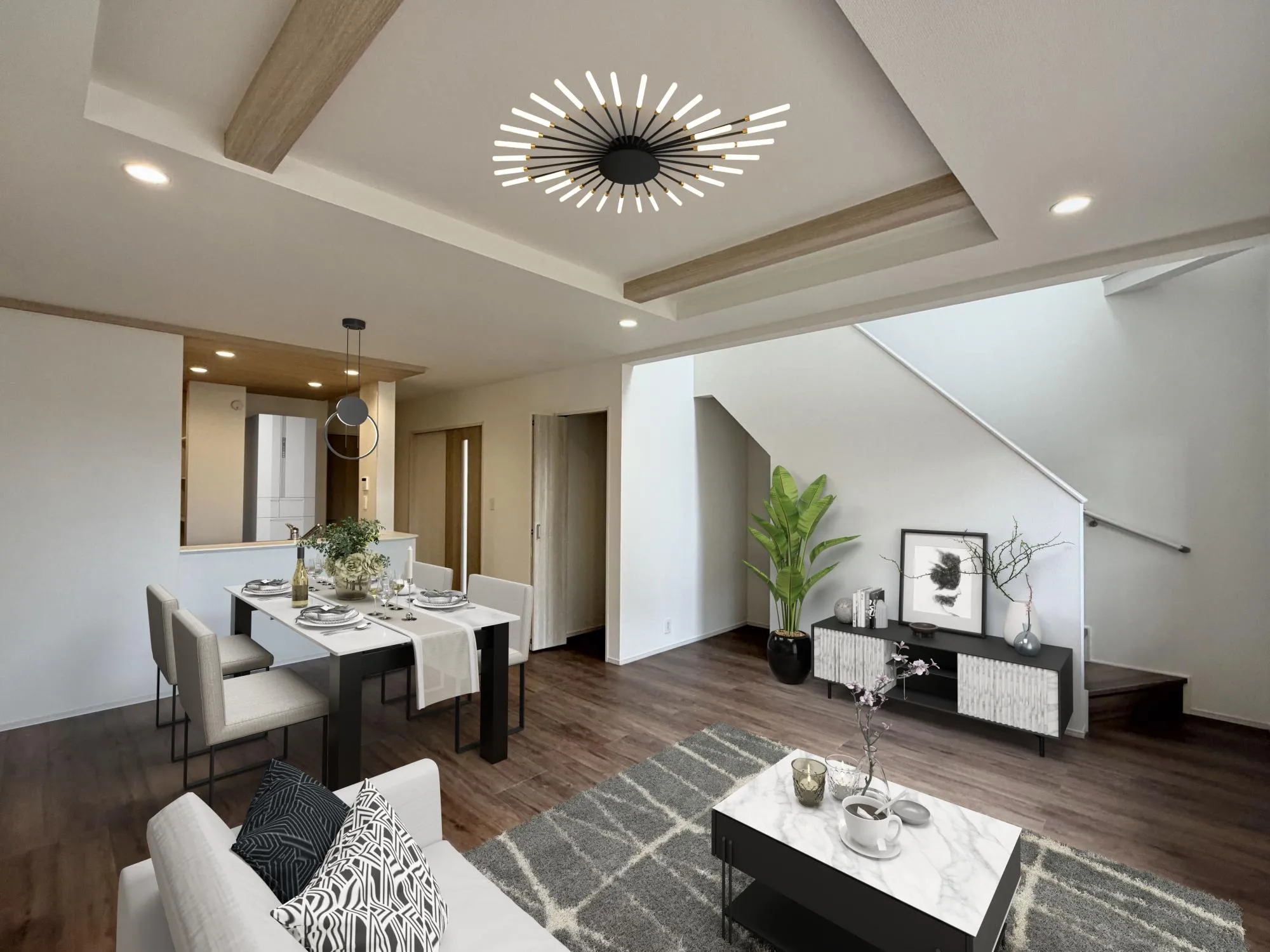 【リビング(1号棟)家具はCGにて合成しております】南側向きリビングで庭先4mとれているため太陽の光が暖かく包み込みます。