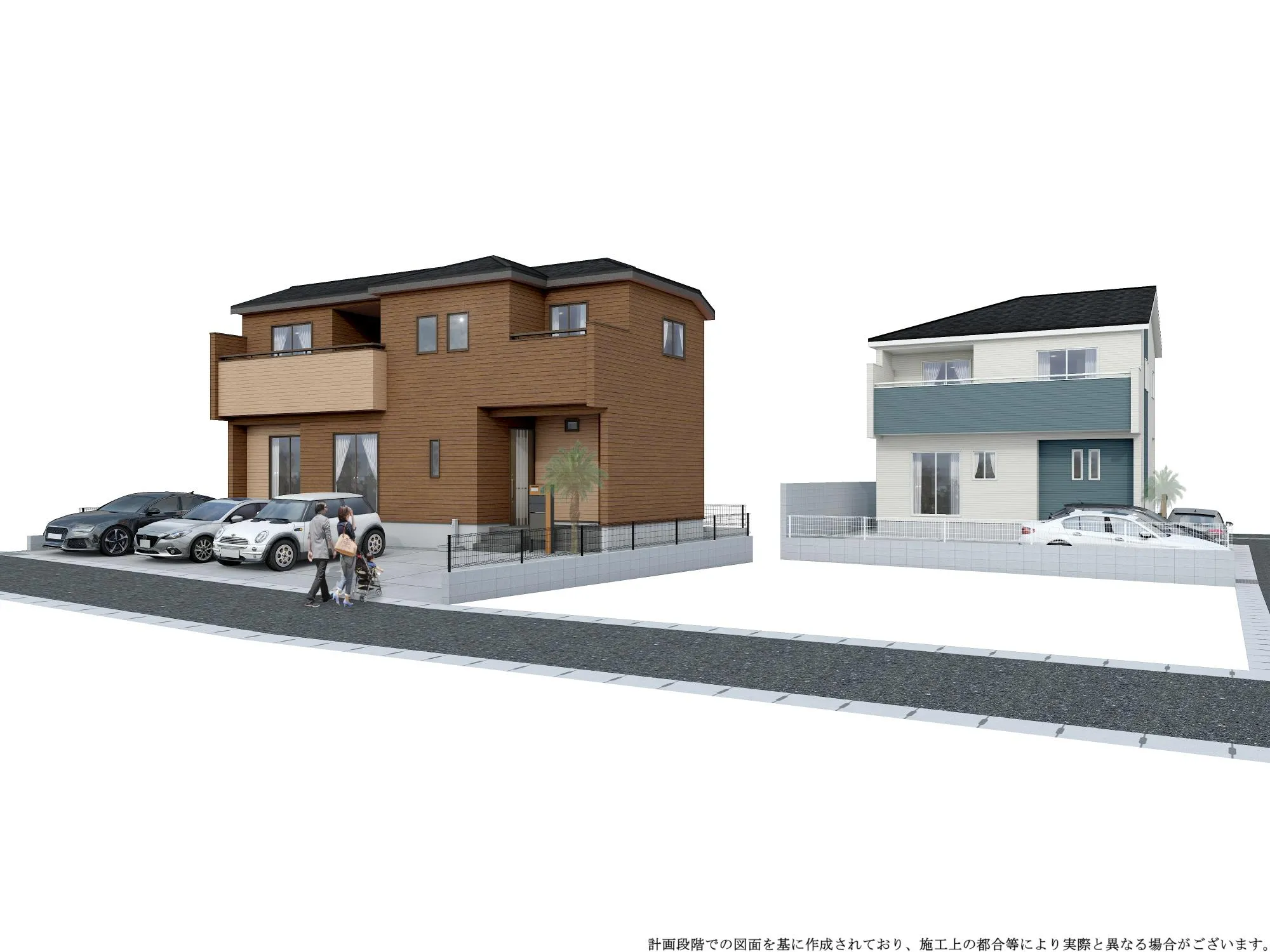 完成予想図:2号棟(左・茶色)、1号棟(右・白青色)