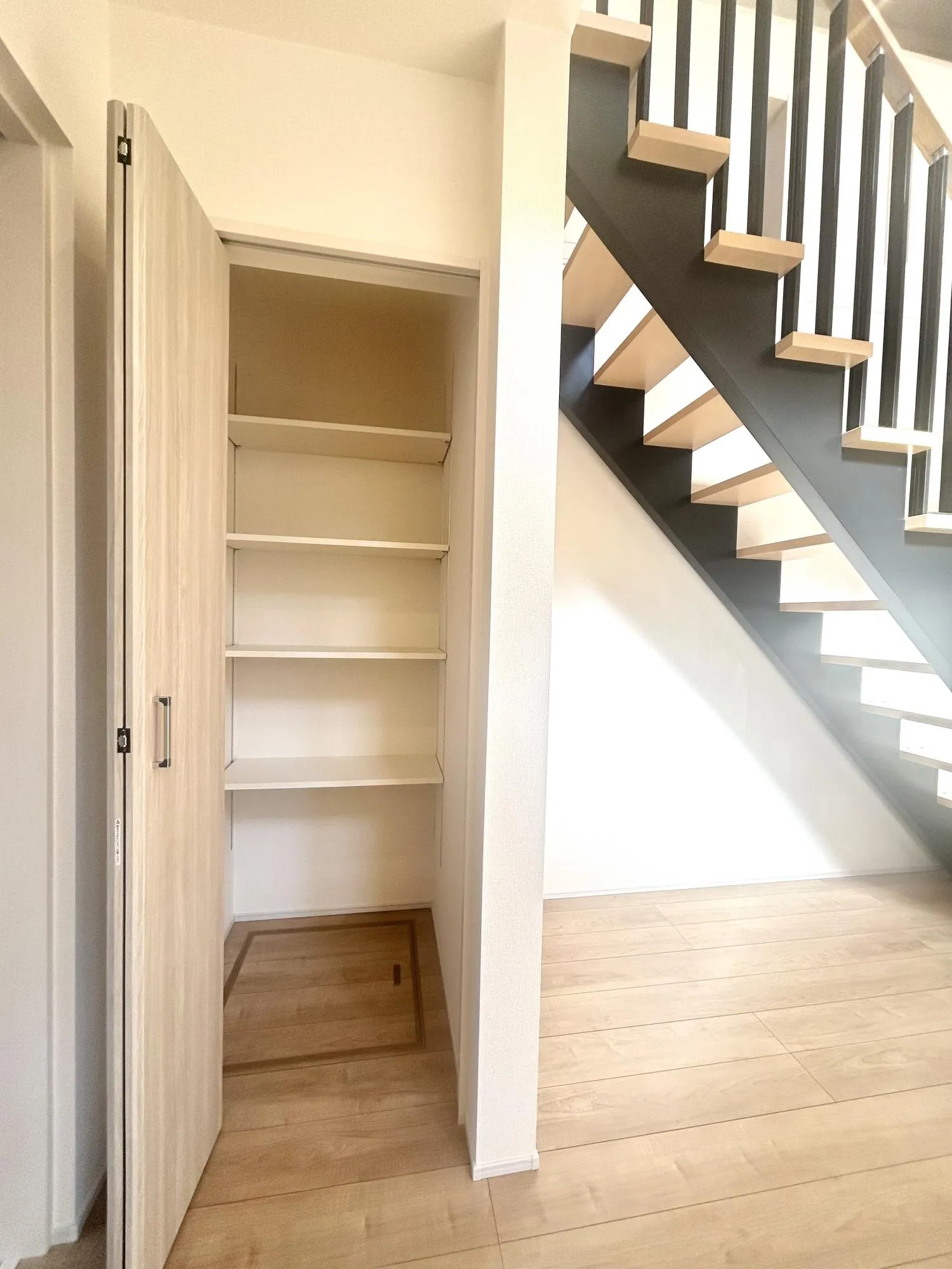 奥行のある収納で高さを変えられる可動棚を設置◎