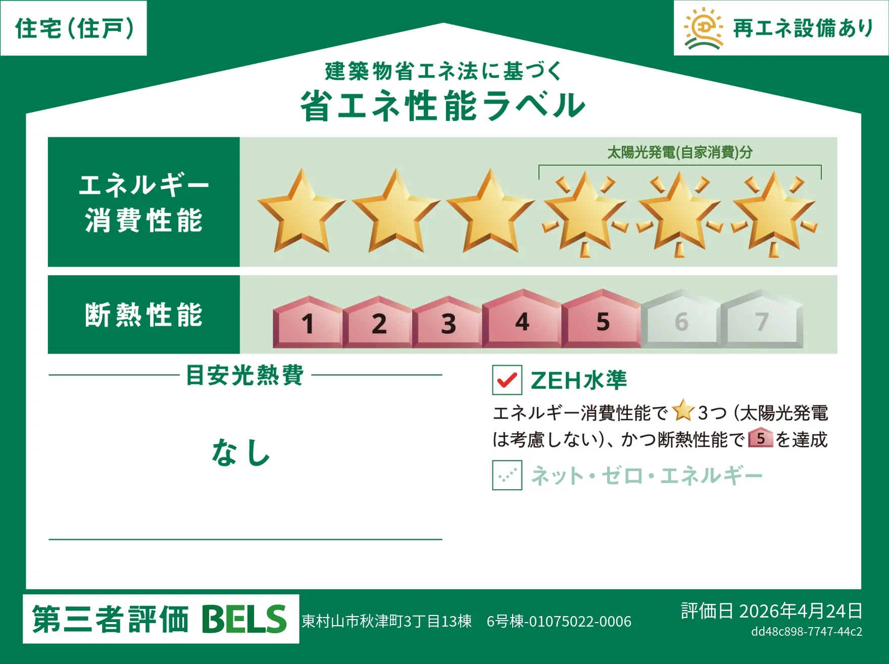 【ブルーミングガーデン 東村山市新秋津所沢13棟 6号棟】省エネ性能ラベル